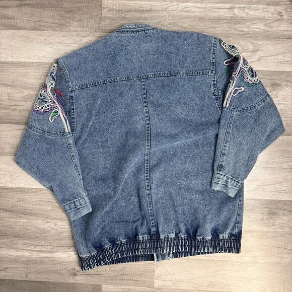 Vintage Embroidered Acid Denim Bomber Jacket Snap Front Large - Picture 3 of 8